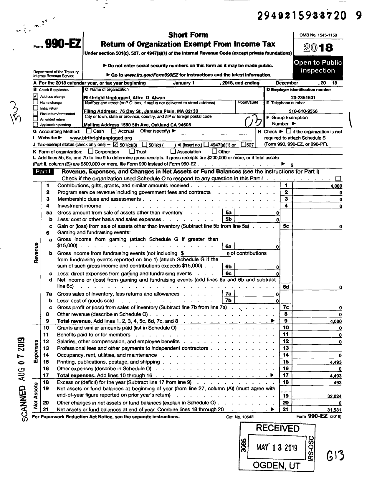 Image of first page of 2018 Form 990EZ for Birthright Unplugged