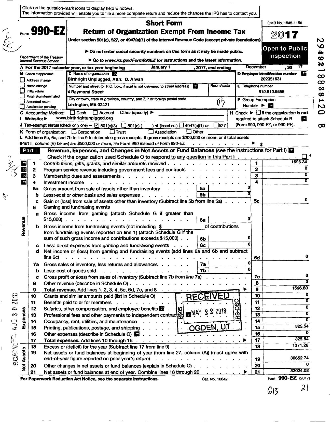 Image of first page of 2017 Form 990EZ for Birthright Unplugged