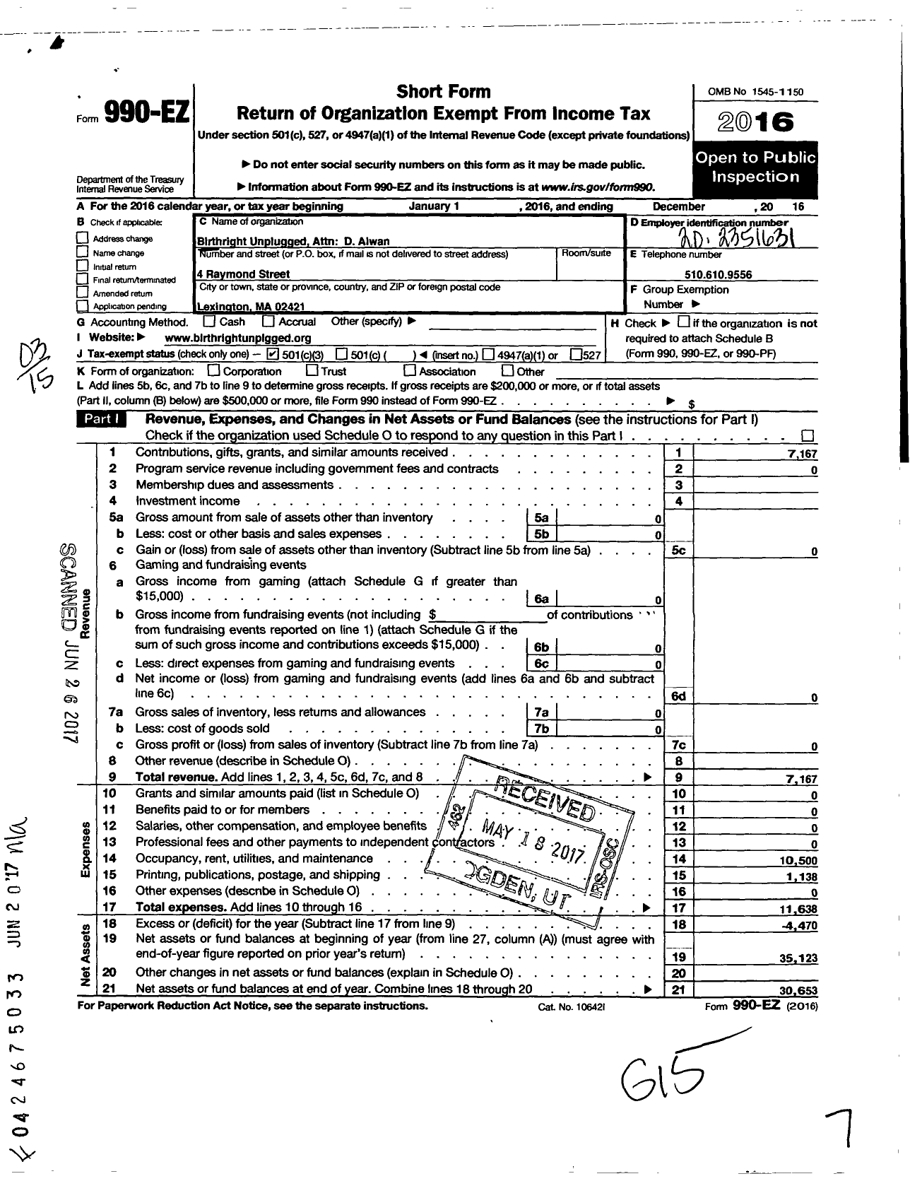 Image of first page of 2016 Form 990EZ for Birthright Unplugged