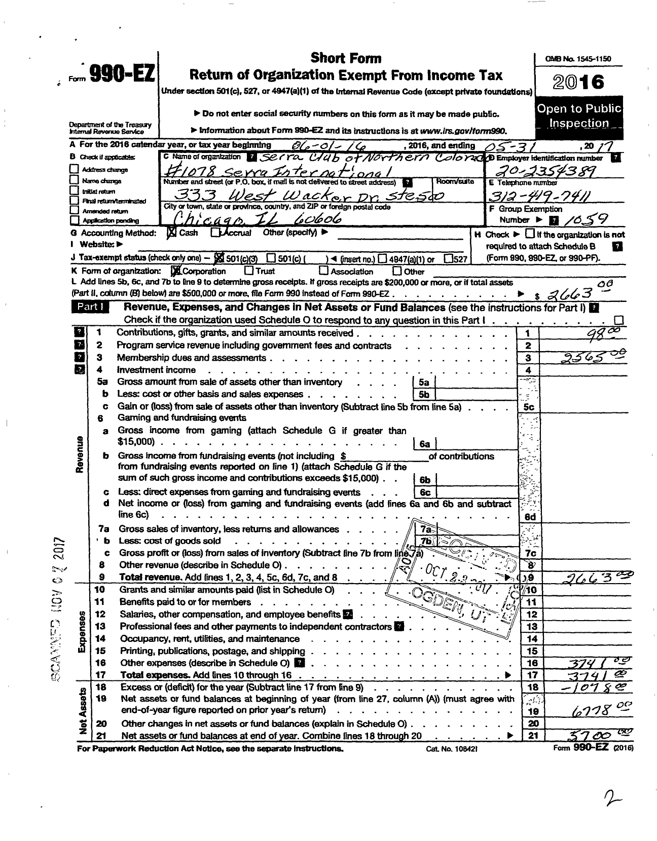 Image of first page of 2016 Form 990EZ for Serra International - 1078 Northern Colorao