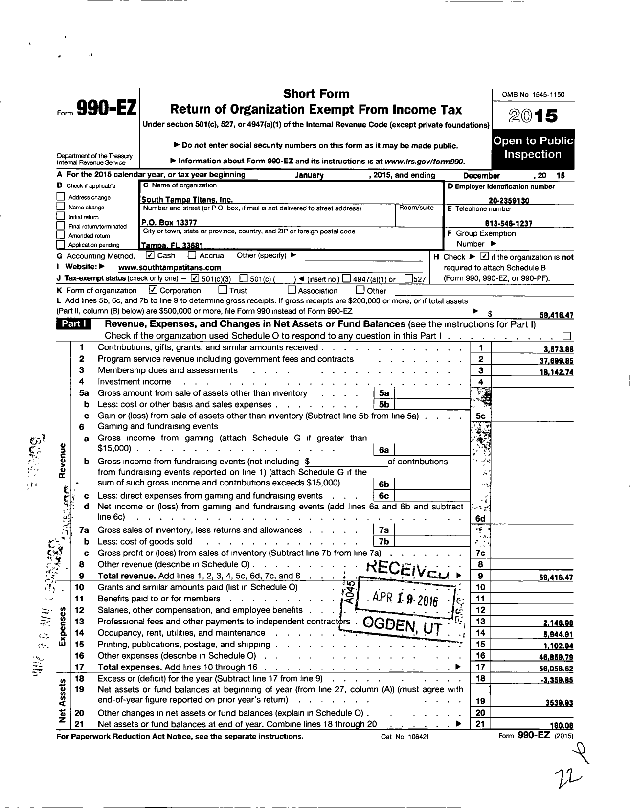 Image of first page of 2015 Form 990EZ for South Tampa Titans