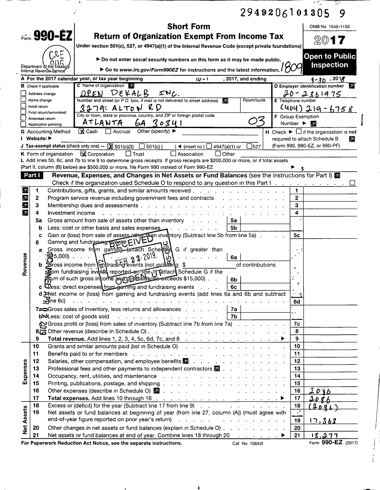 Image of first page of 2017 Form 990EZ for Open Dekalb