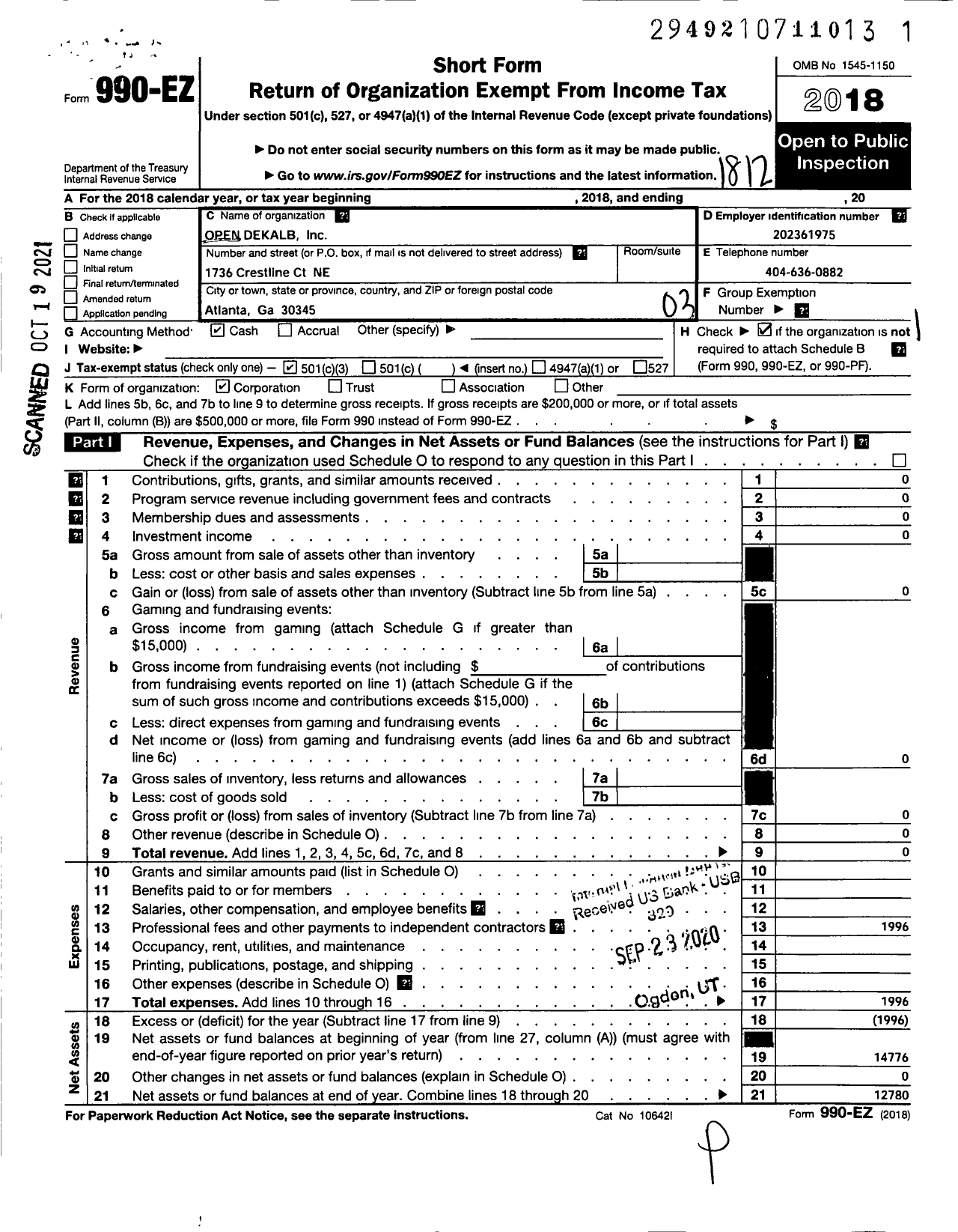 Image of first page of 2018 Form 990EZ for Open Dekalb