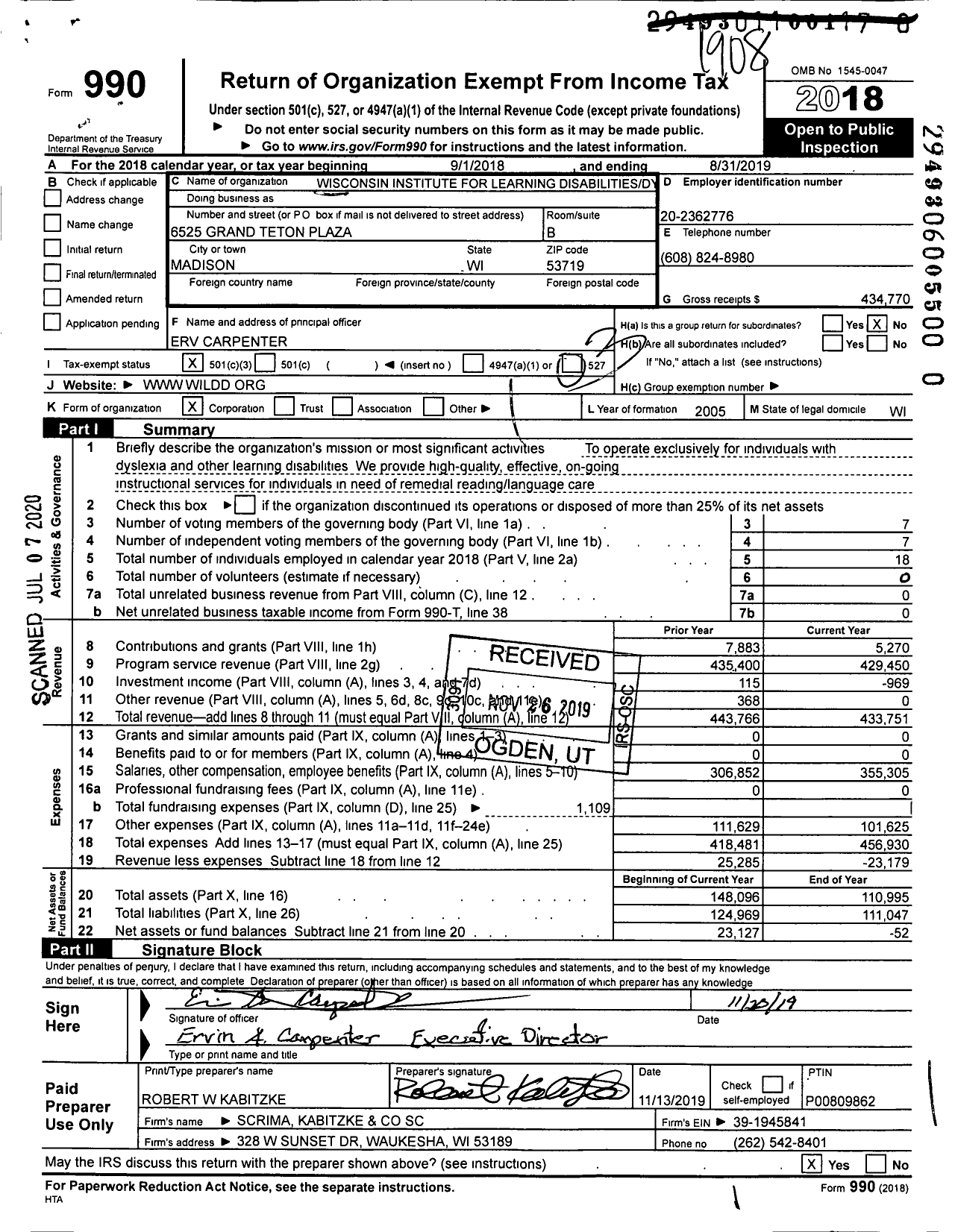 Image of first page of 2018 Form 990 for Wisconsin Institute for Learning Disabilites Dyslexia