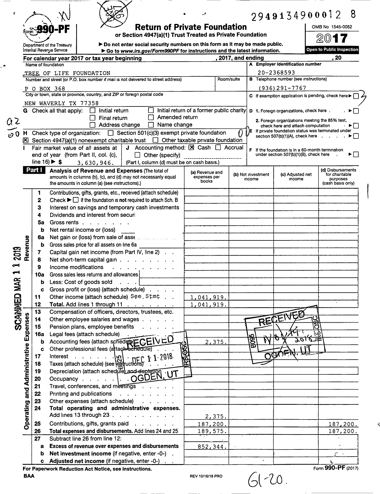 Image of first page of 2017 Form 990PF for Tree of Life Foundation