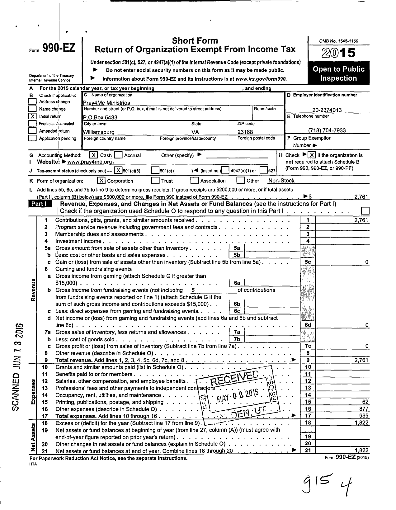 Image of first page of 2015 Form 990EZ for Pray4me Ministries