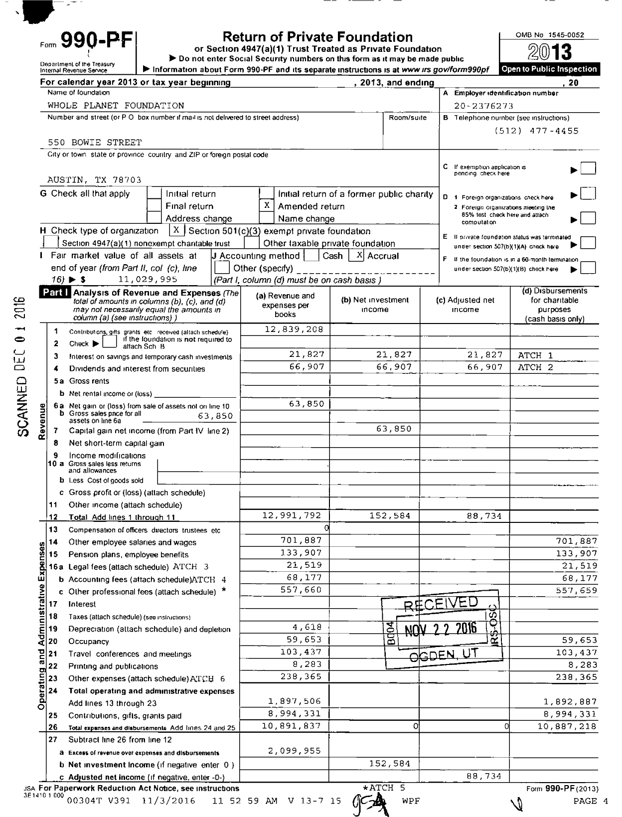 Image of first page of 2013 Form 990PF for Whole Planet Foundation