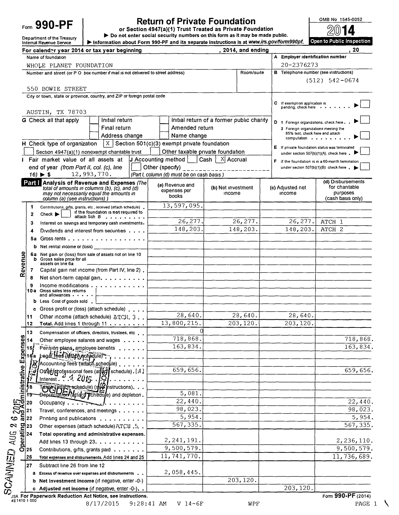 Image of first page of 2014 Form 990PF for Whole Planet Foundation