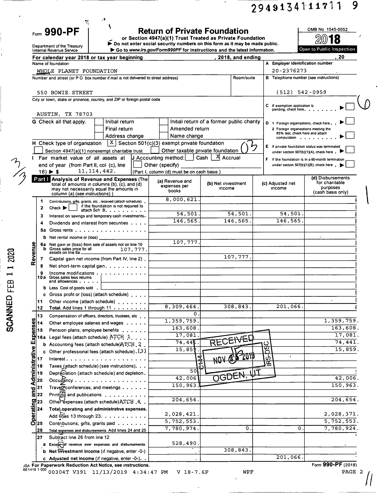 Image of first page of 2018 Form 990PF for Whole Planet Foundation