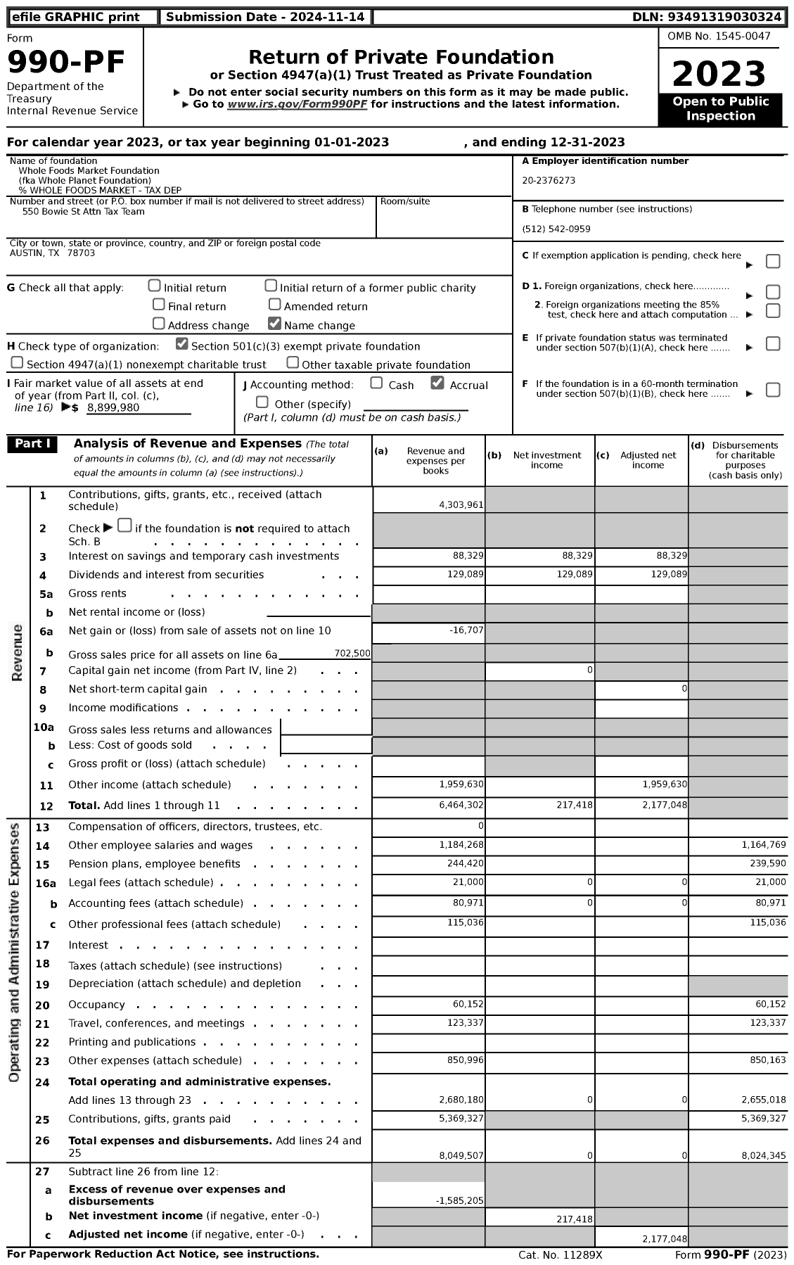 Image of first page of 2023 Form 990PF for Whole Foods Market Foundation