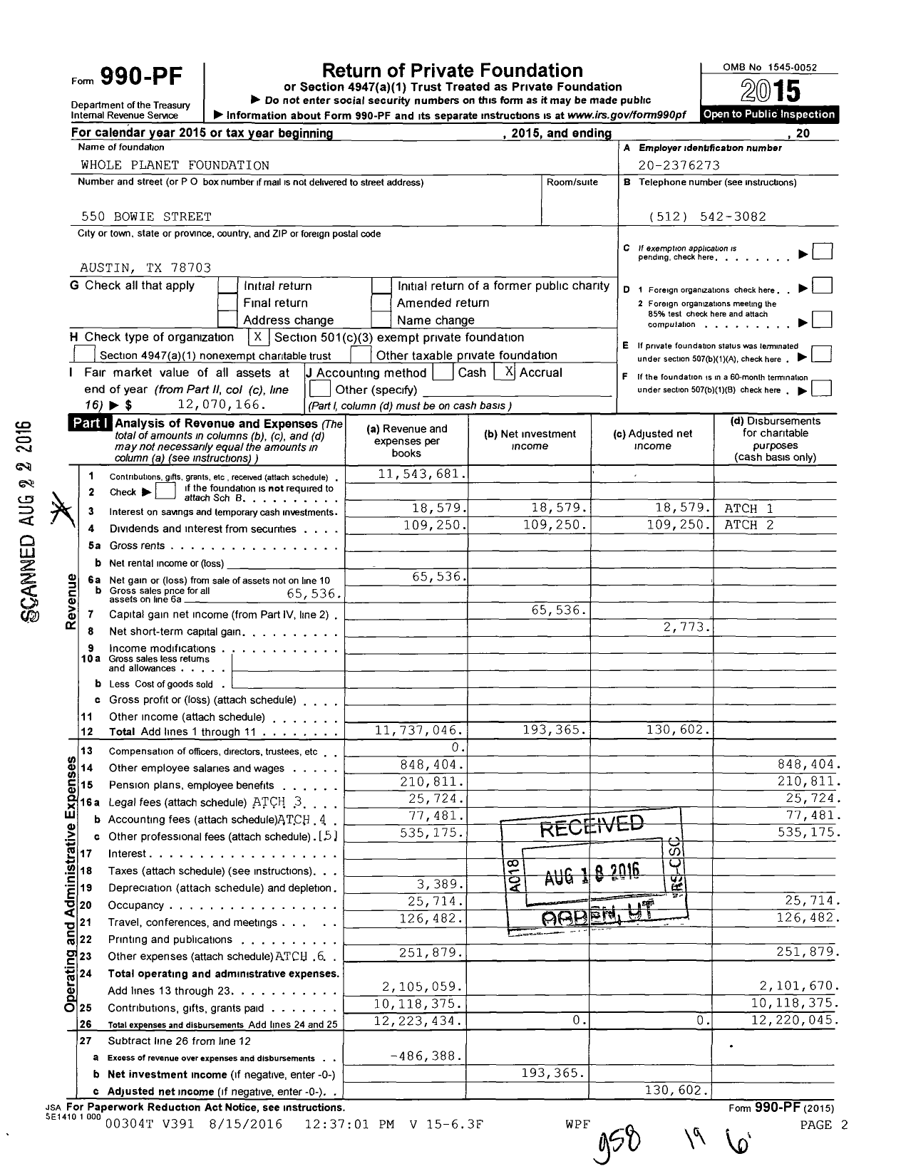 Image of first page of 2015 Form 990PF for Whole Planet Foundation