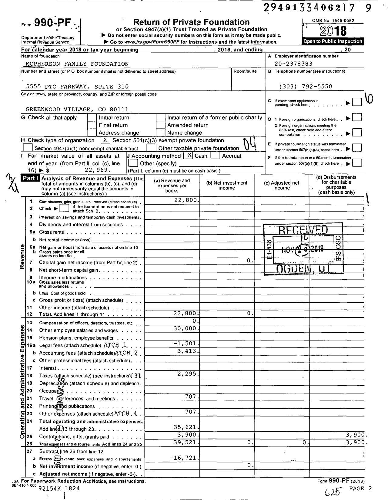 Image of first page of 2018 Form 990PF for Mcpherson Family Foundation