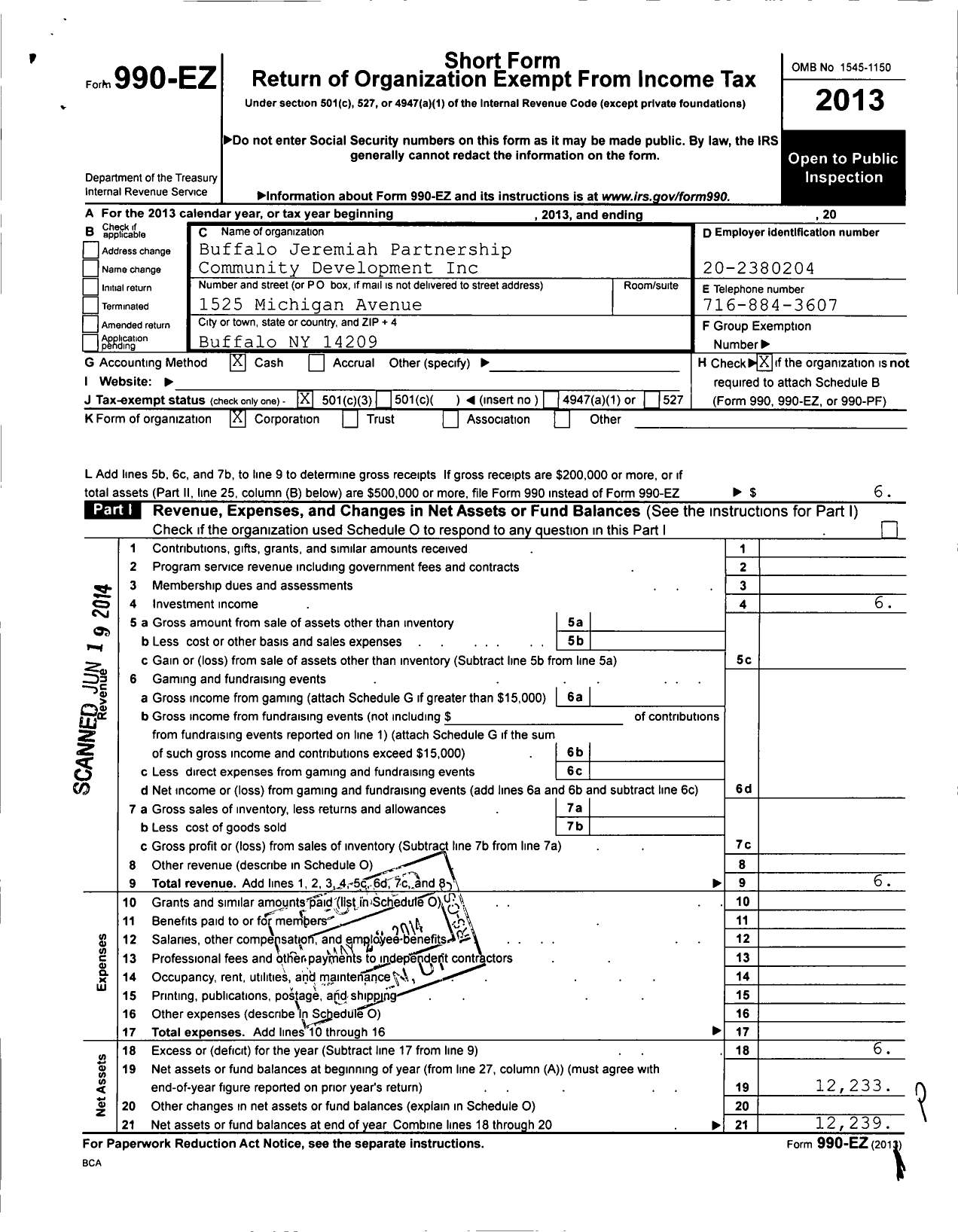 Image of first page of 2013 Form 990EZ for Buffalo Jeremiah Partnership for Community Development