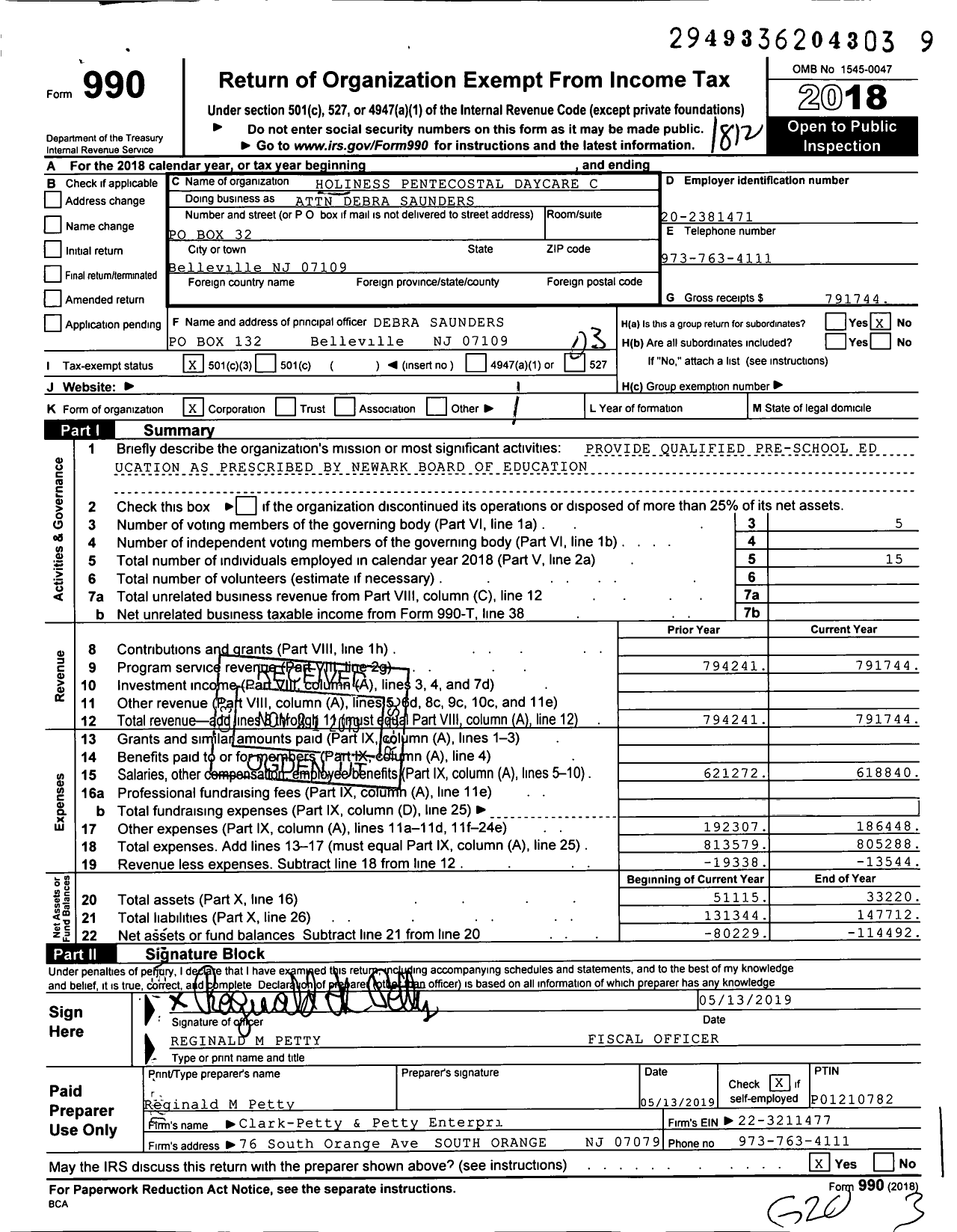 Image of first page of 2018 Form 990 for Holiness Pentecostal Daycare