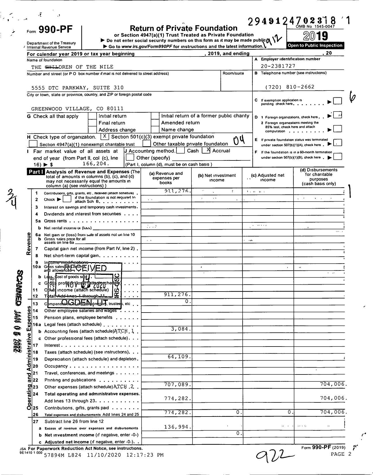 Image of first page of 2019 Form 990PF for The Children of the Nile