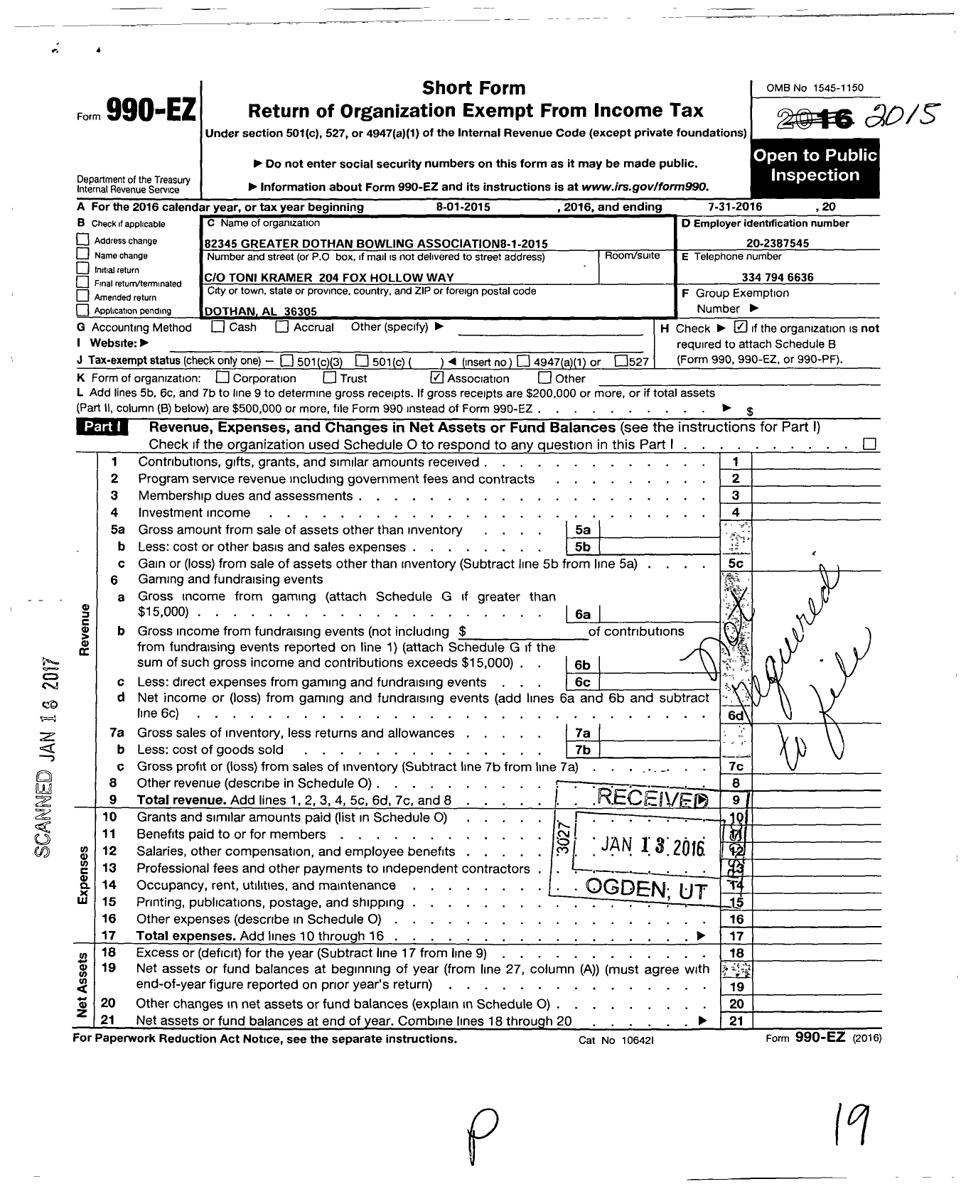 Image of first page of 2015 Form 990EO for United States Bowling Congress - 82345 GR Dothan Usbc