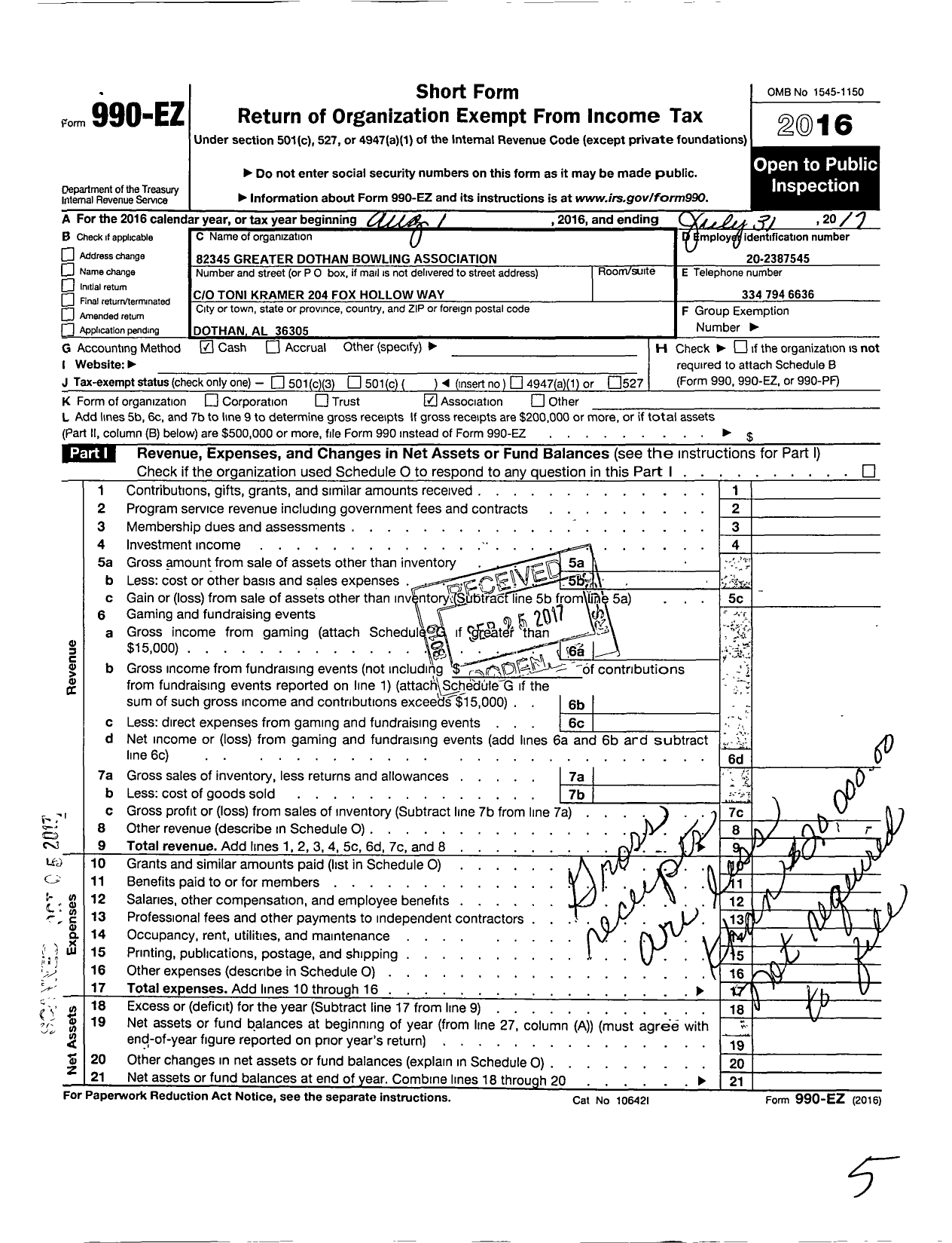 Image of first page of 2016 Form 990EO for United States Bowling Congress - 82345 GR Dothan Usbc