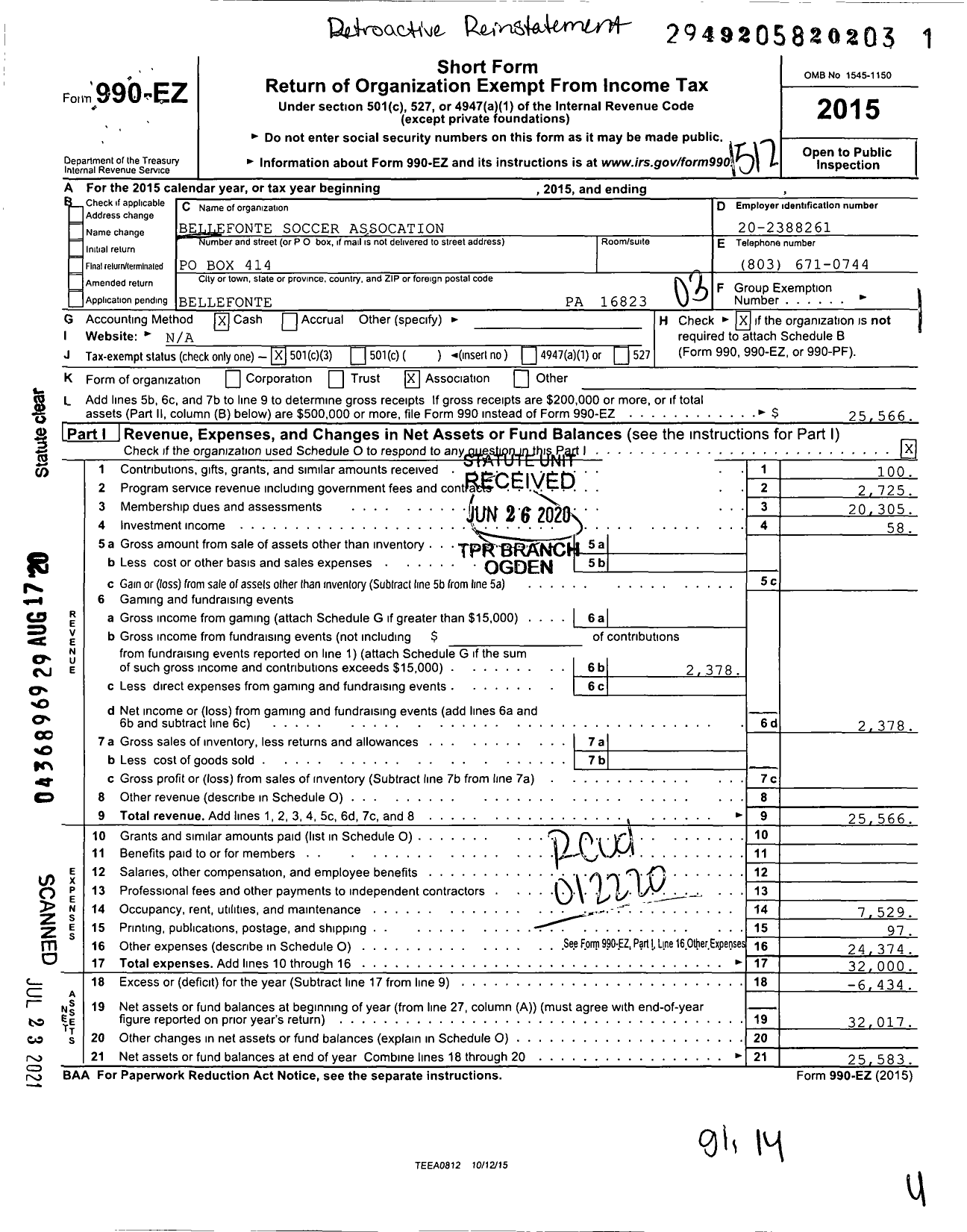 Image of first page of 2015 Form 990EZ for Bellefonte Soccer Association