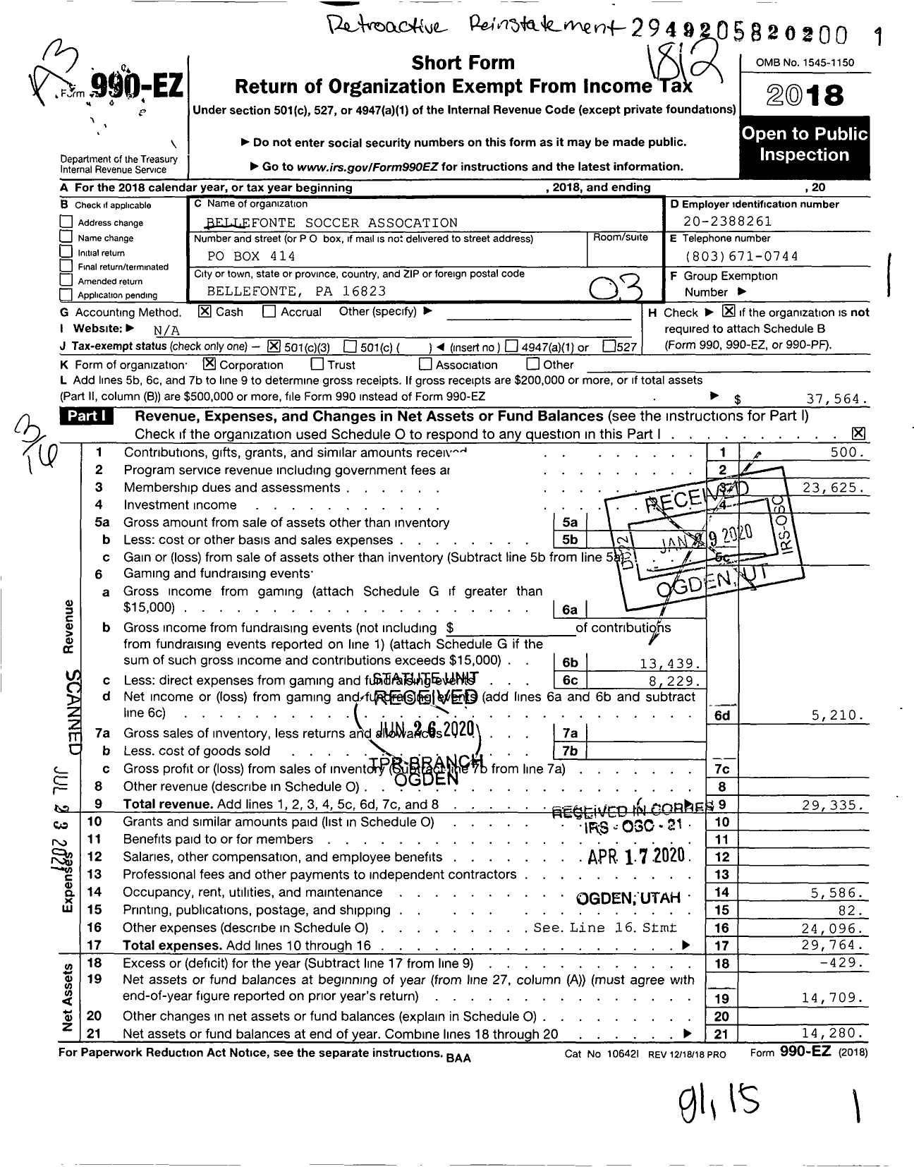 Image of first page of 2018 Form 990EZ for Bellefonte Soccer Association