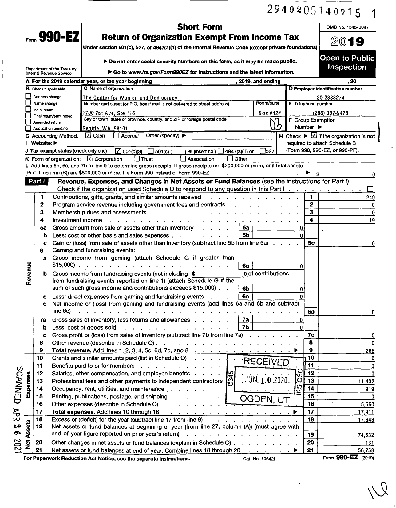 Image of first page of 2019 Form 990EZ for The Center for Women and Democracy