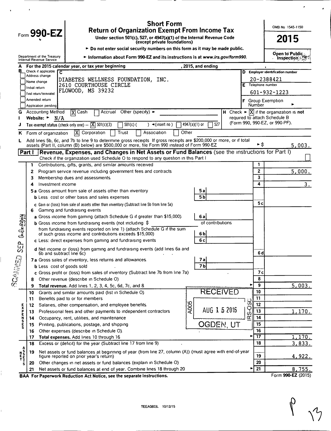 Image of first page of 2015 Form 990EZ for Diabetes Wellness Foundation