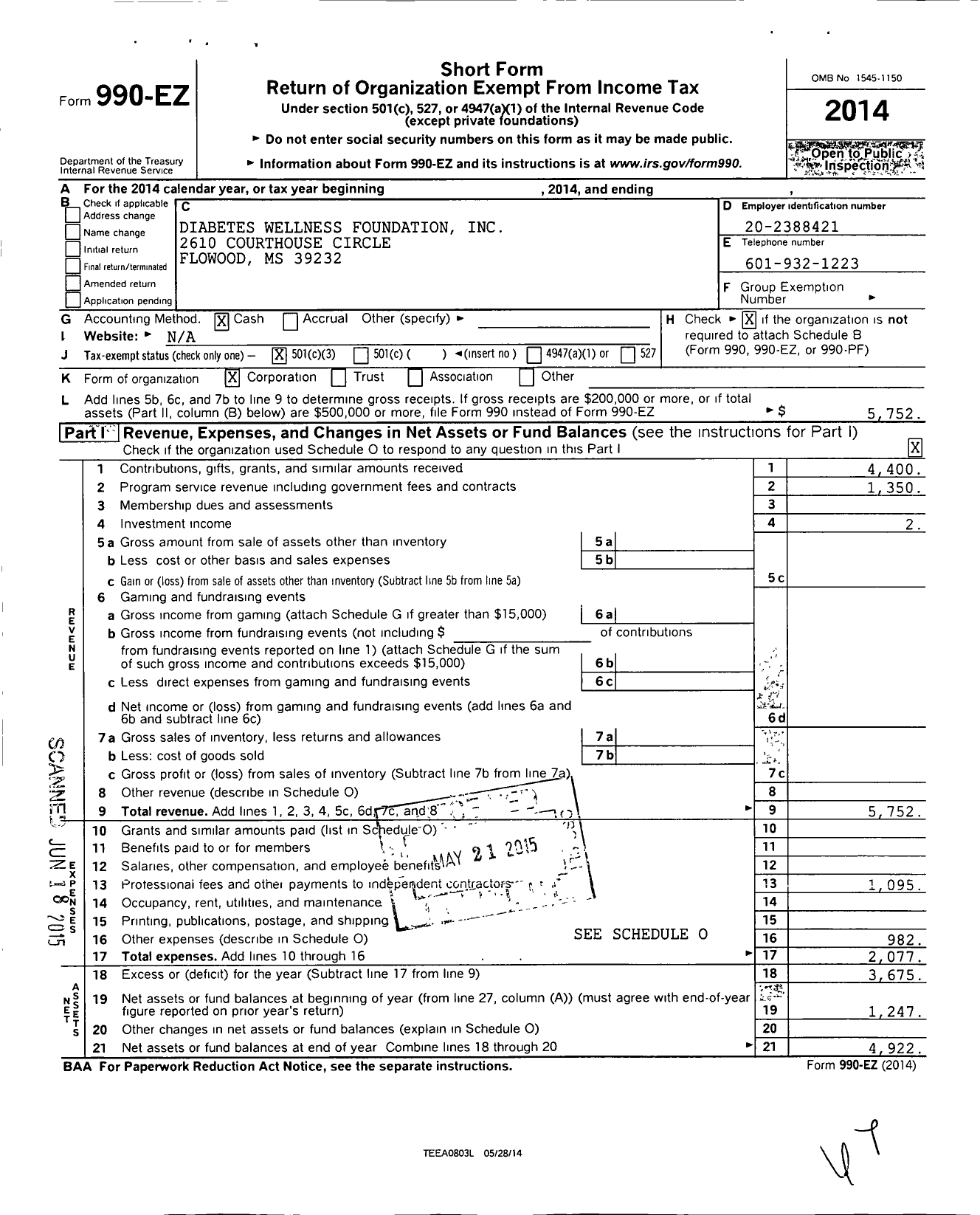 Image of first page of 2014 Form 990EZ for Diabetes Wellness Foundation