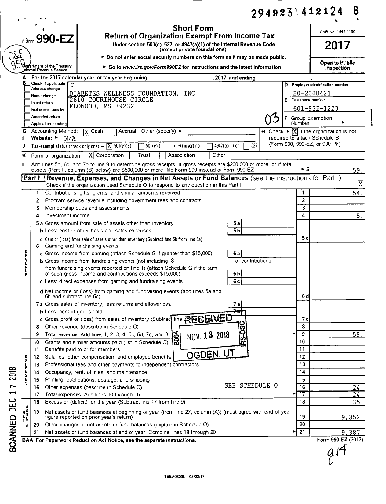 Image of first page of 2017 Form 990EZ for Diabetes Wellness Foundation