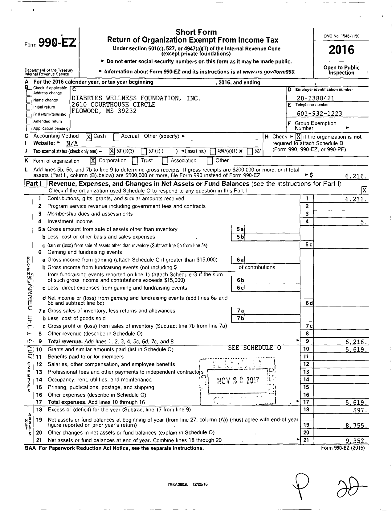 Image of first page of 2016 Form 990EZ for Diabetes Wellness Foundation