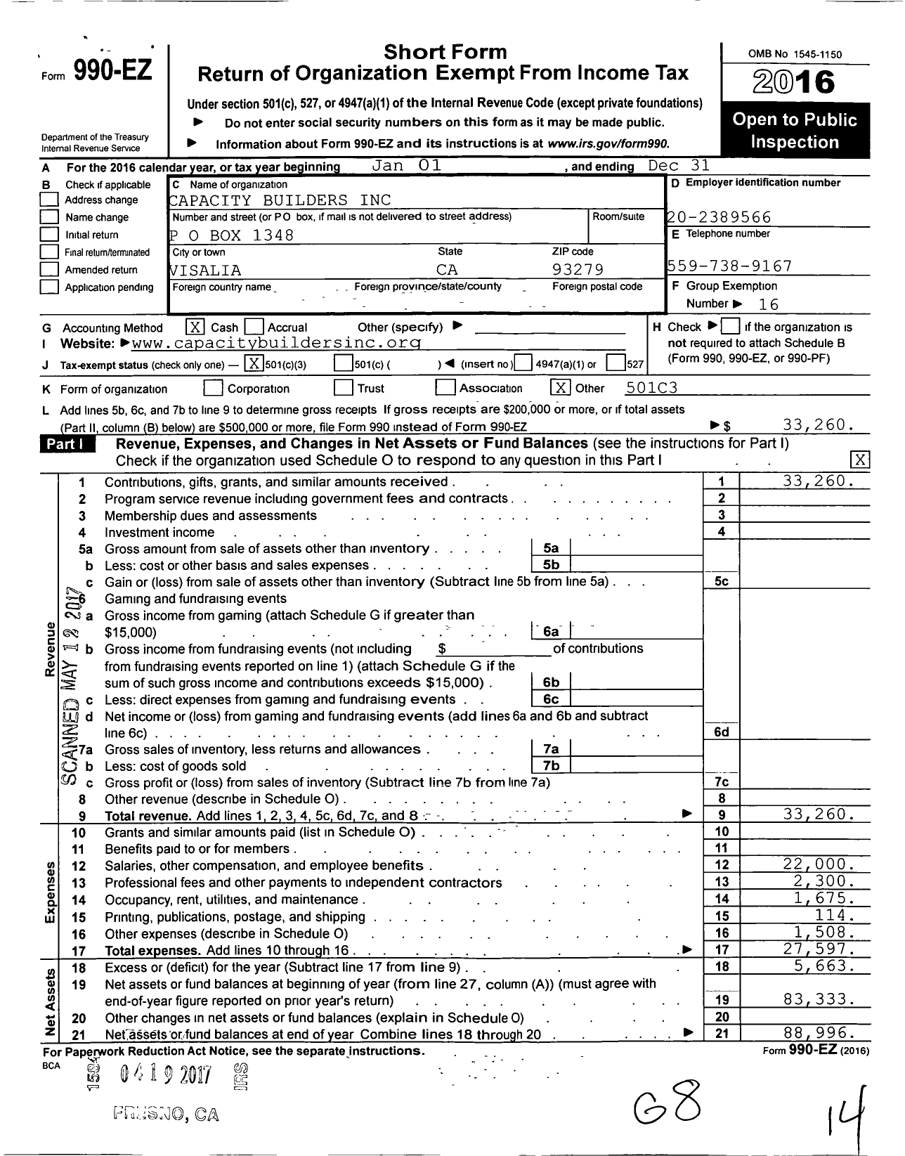 Image of first page of 2016 Form 990EZ for Capacity Builders P O Box 1348