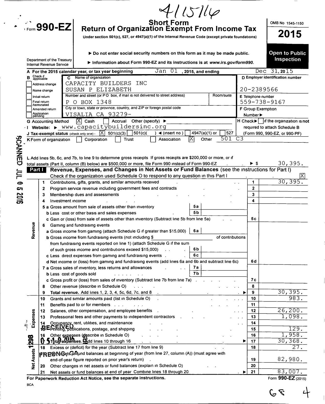 Image of first page of 2015 Form 990EZ for Capacity Builders P O Box 1348