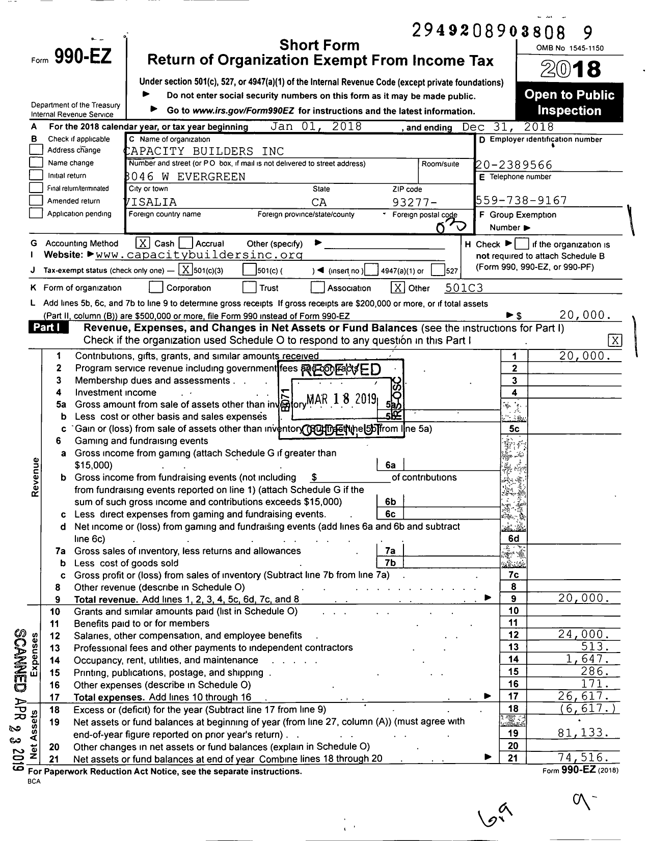 Image of first page of 2018 Form 990EZ for Capacity Builders P O Box 1348