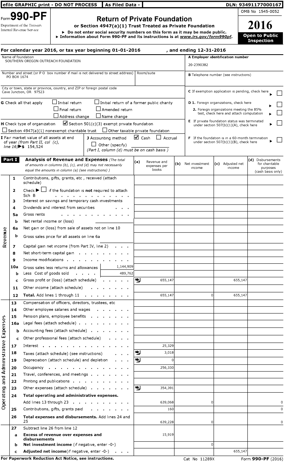 Image of first page of 2016 Form 990PF for Southern Oregon Outreach Foundation