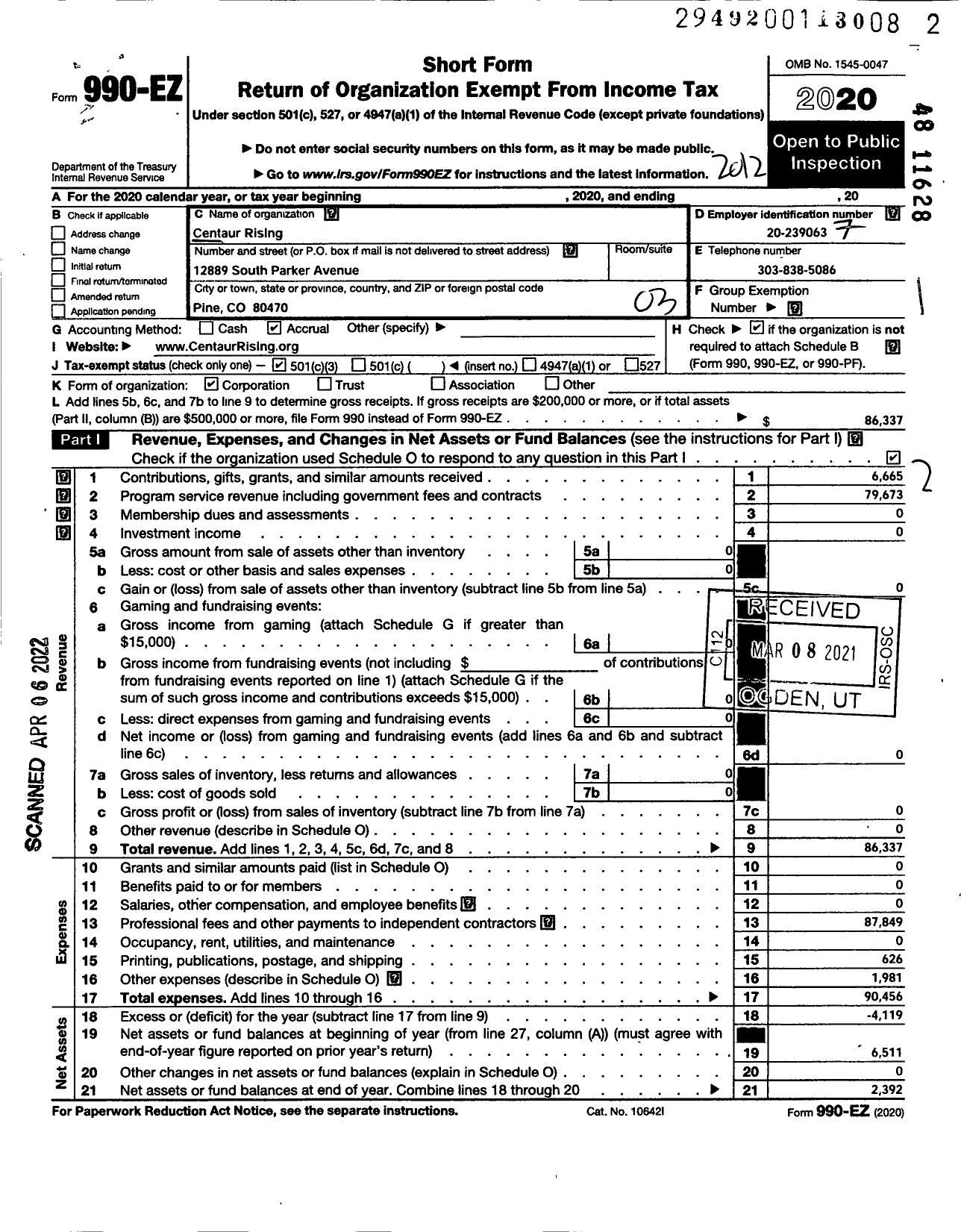 Image of first page of 2020 Form 990EZ for Centaur Rising
