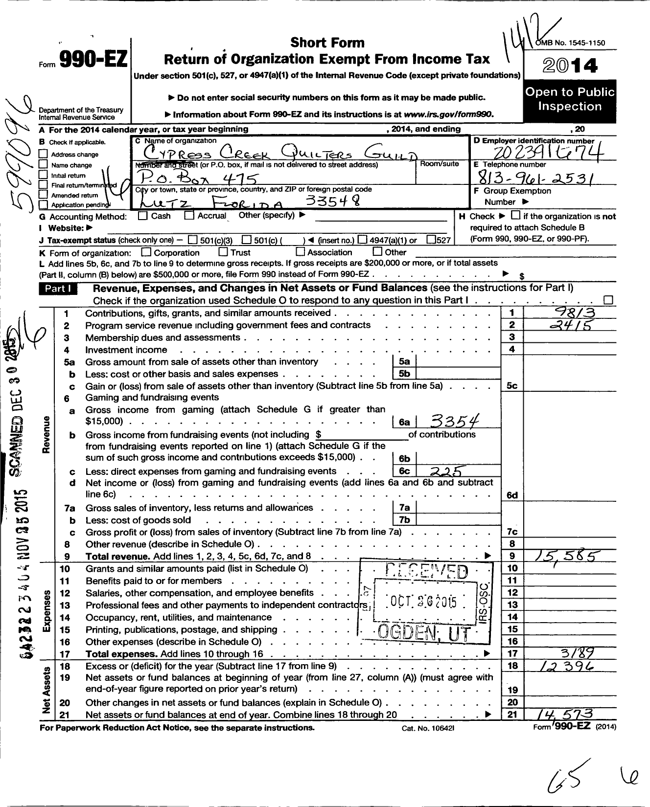 Image of first page of 2014 Form 990EO for Cypress Creek Quilters Guild