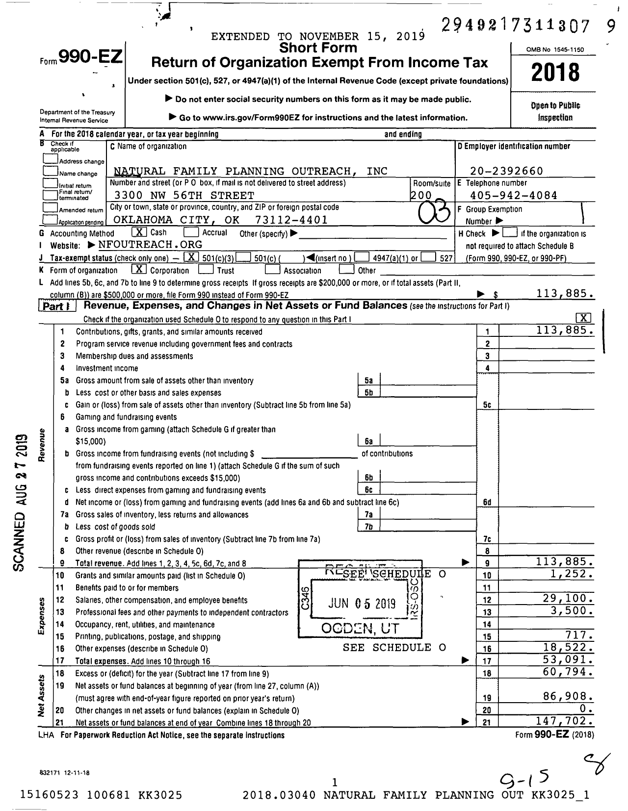 Image of first page of 2018 Form 990EZ for Natural Family Planning Outreach