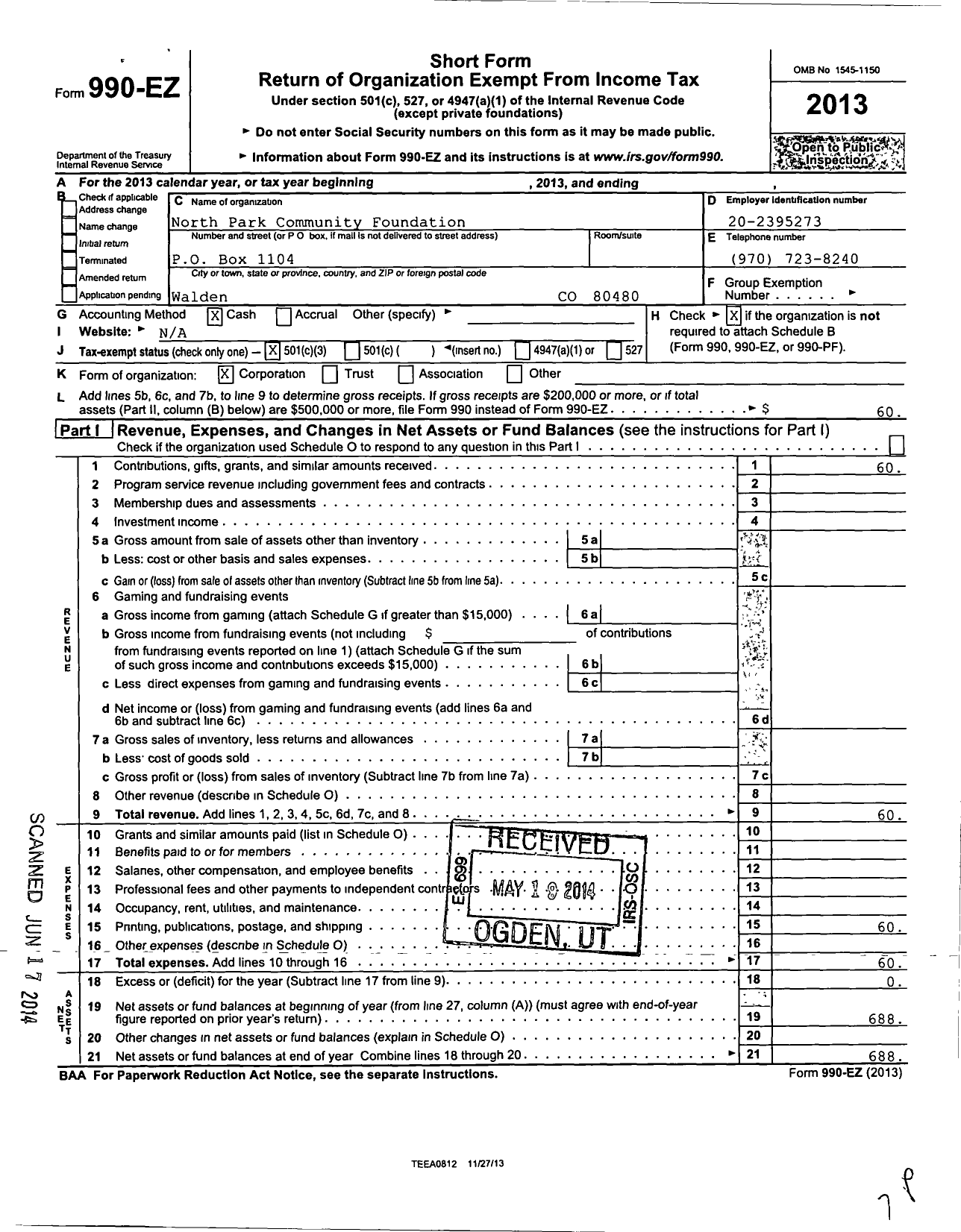 Image of first page of 2013 Form 990EZ for North Park Community Foundation