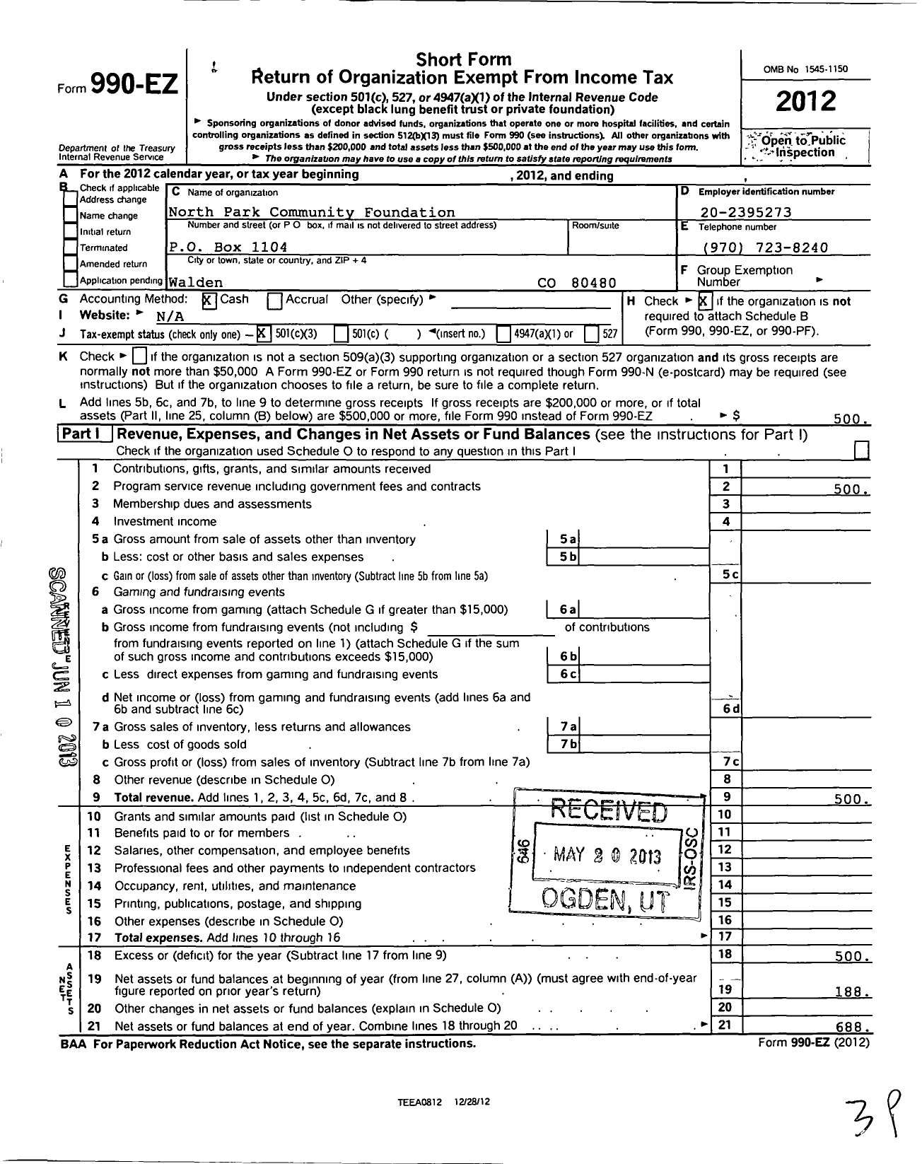 Image of first page of 2012 Form 990EZ for North Park Community Foundation