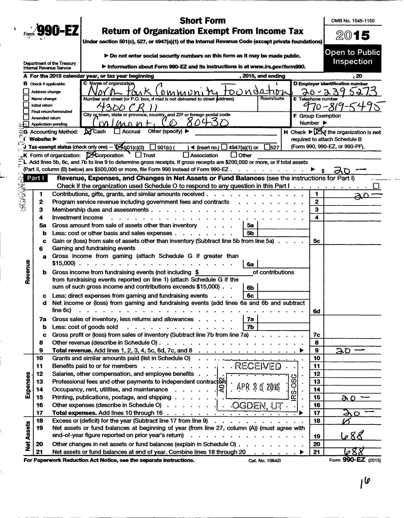 Image of first page of 2015 Form 990EZ for North Park Community Foundation