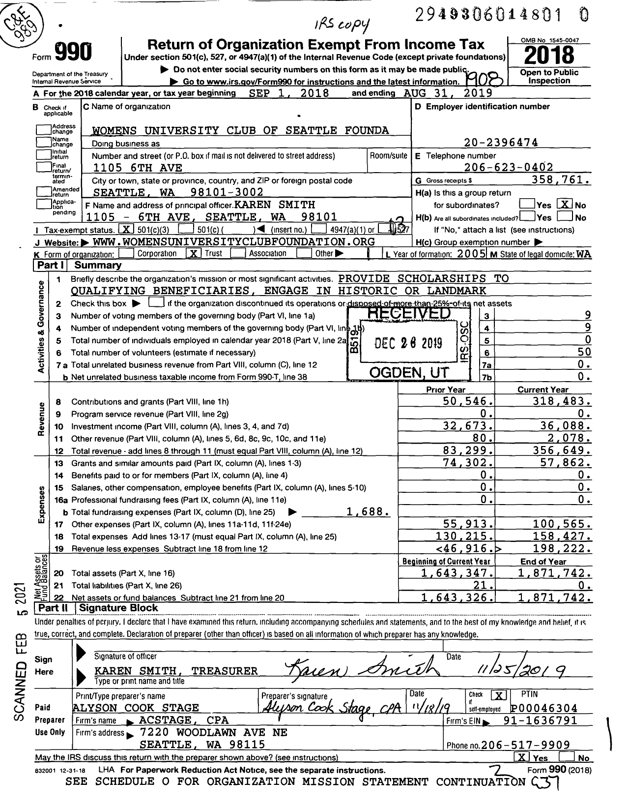 Image of first page of 2018 Form 990 for Womens University Club of Seattle Founda