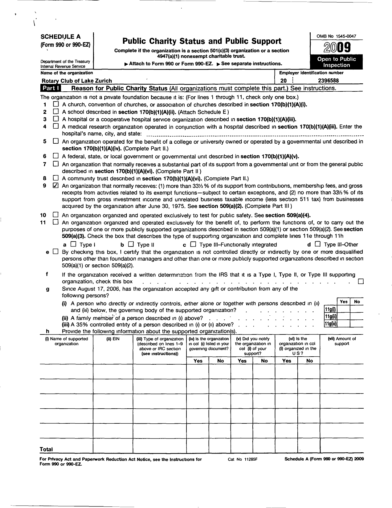 Image of first page of 2009 Form 990ER for Rotary Club of Lake Zurich Charitable Fund