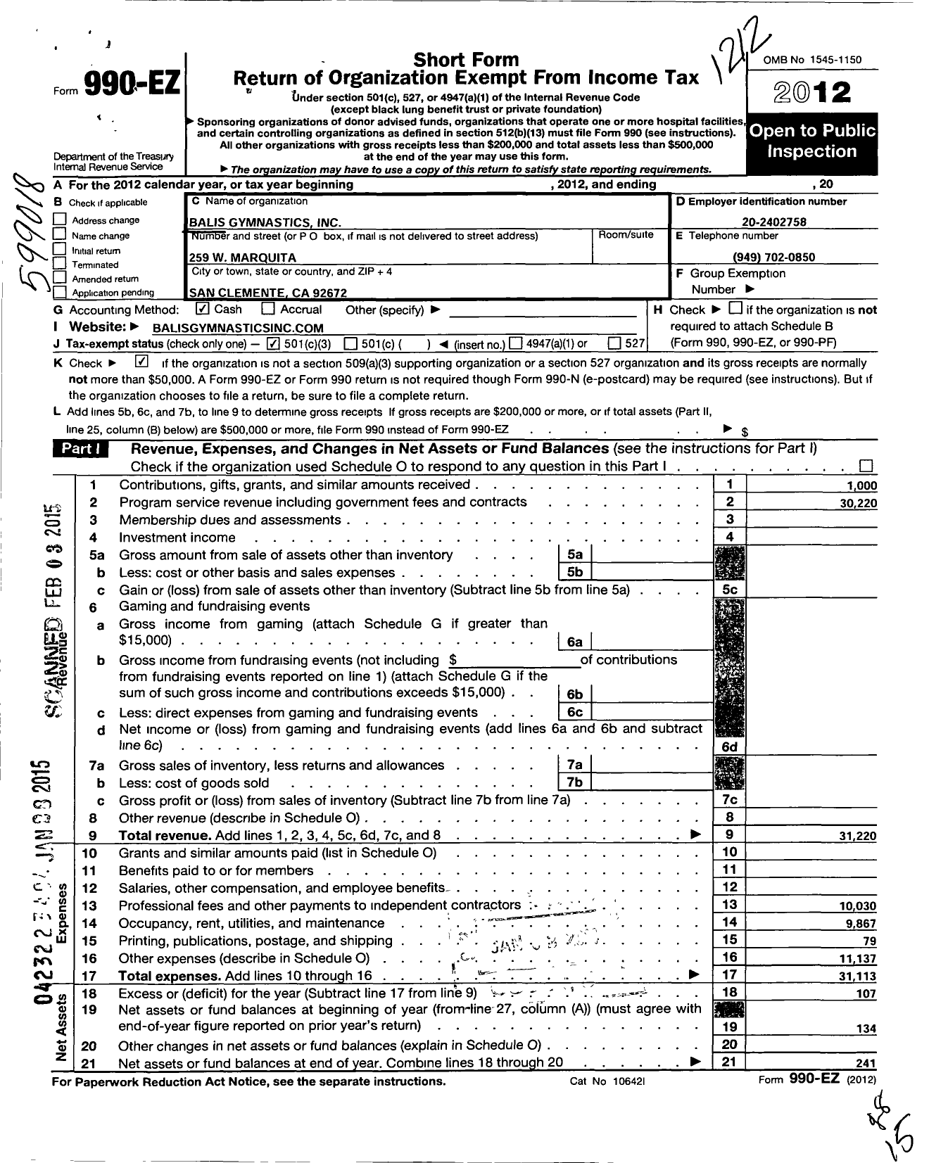 Image of first page of 2012 Form 990EZ for Balis Gymnastics