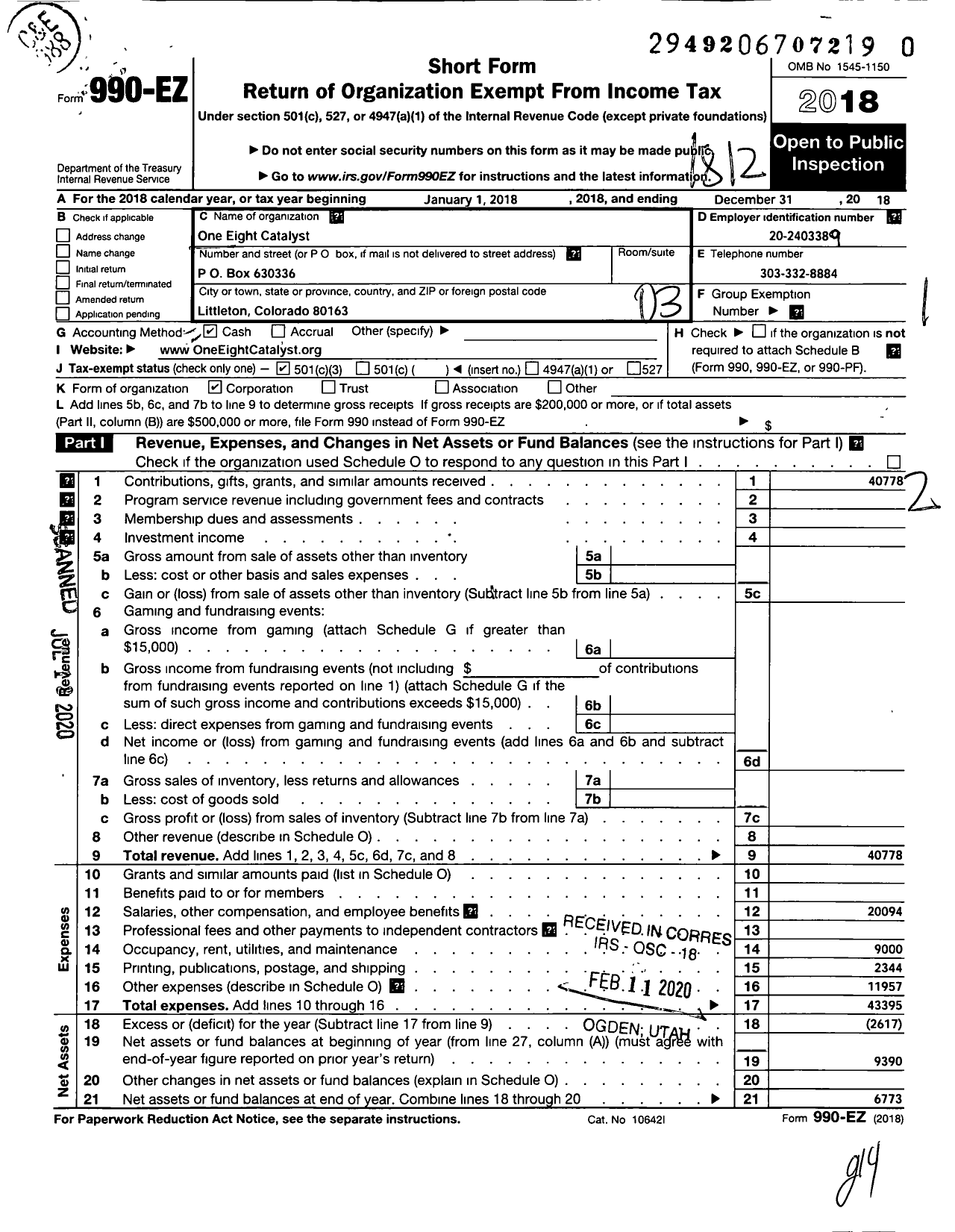 Image of first page of 2018 Form 990EZ for One Eight Catalyst