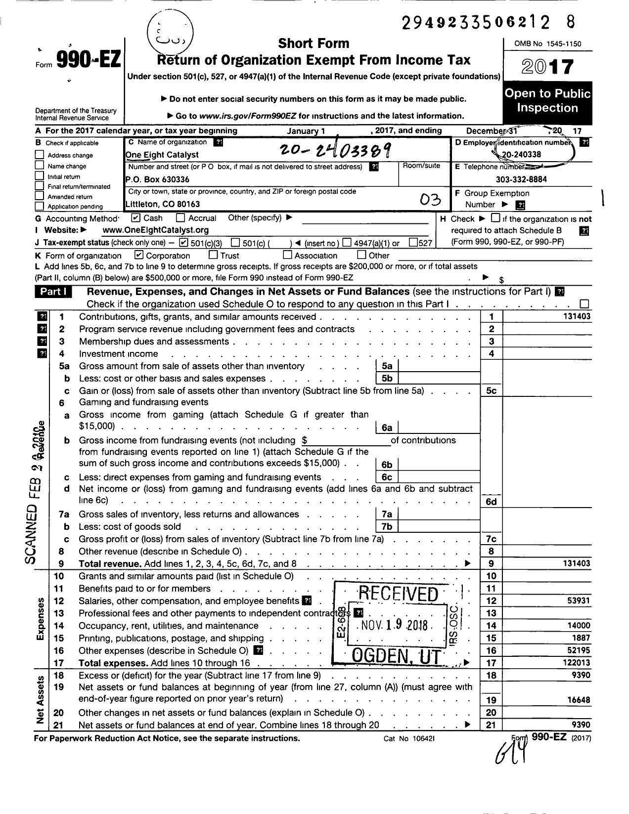 Image of first page of 2017 Form 990EZ for One Eight Catalyst