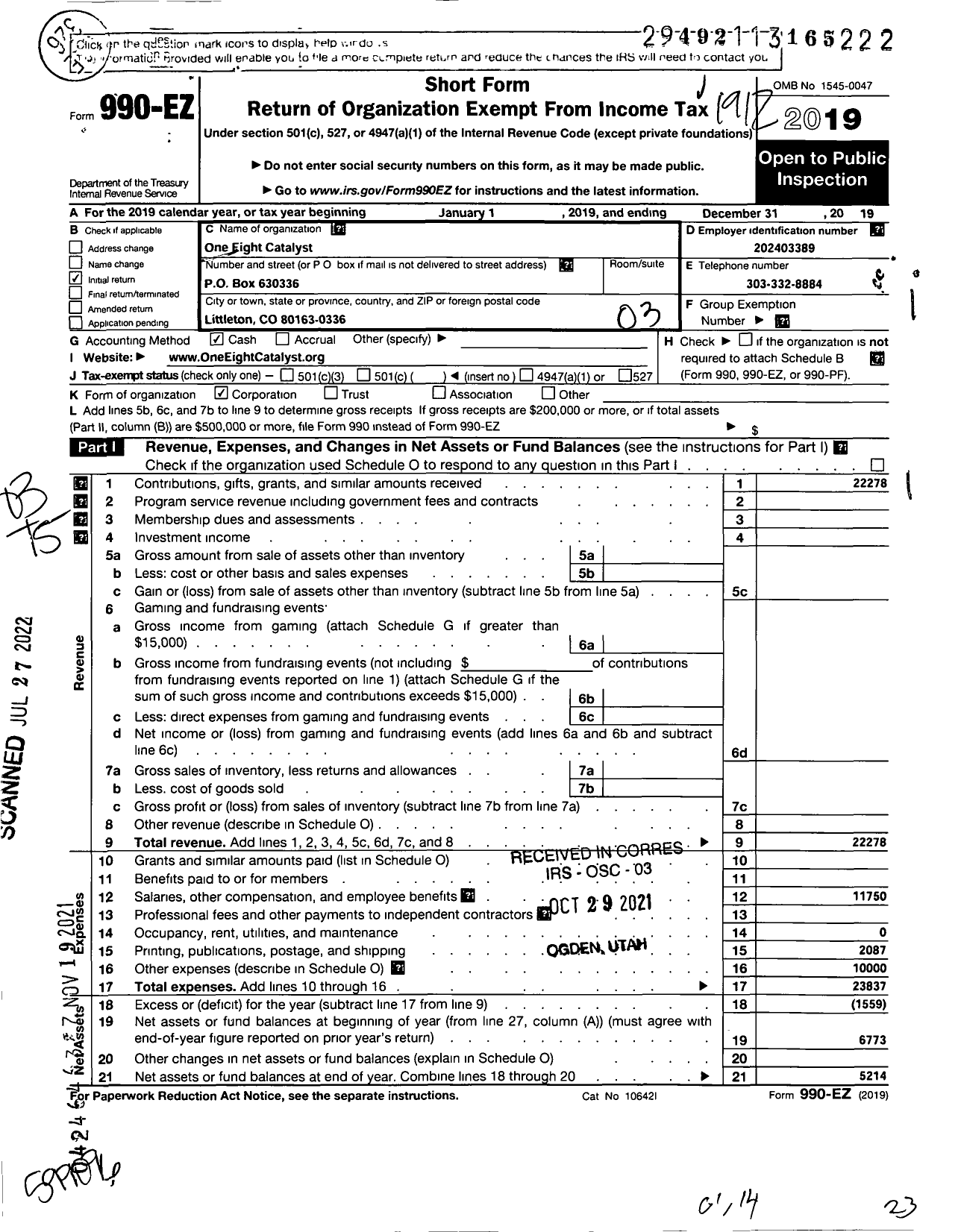 Image of first page of 2019 Form 990EZ for One Eight Catalyst