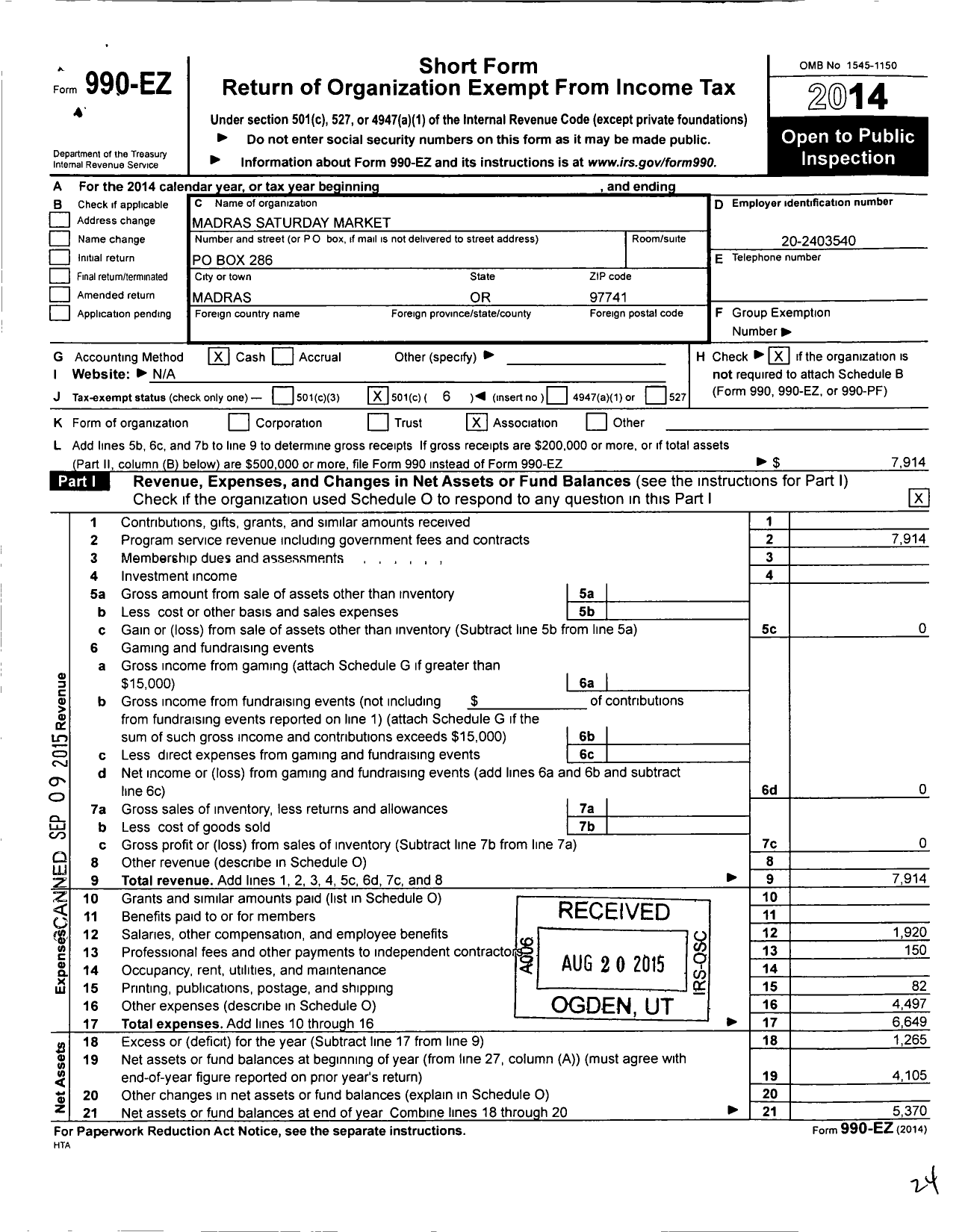 Image of first page of 2014 Form 990EO for Madras Saturday Market