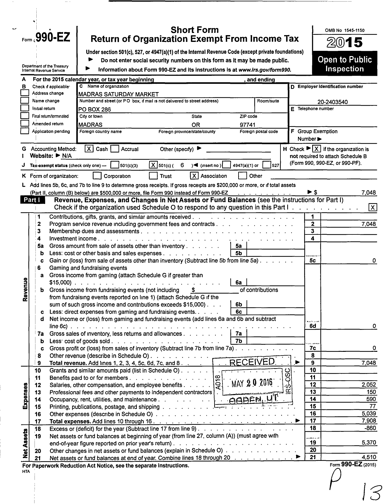 Image of first page of 2015 Form 990EO for Madras Saturday Market