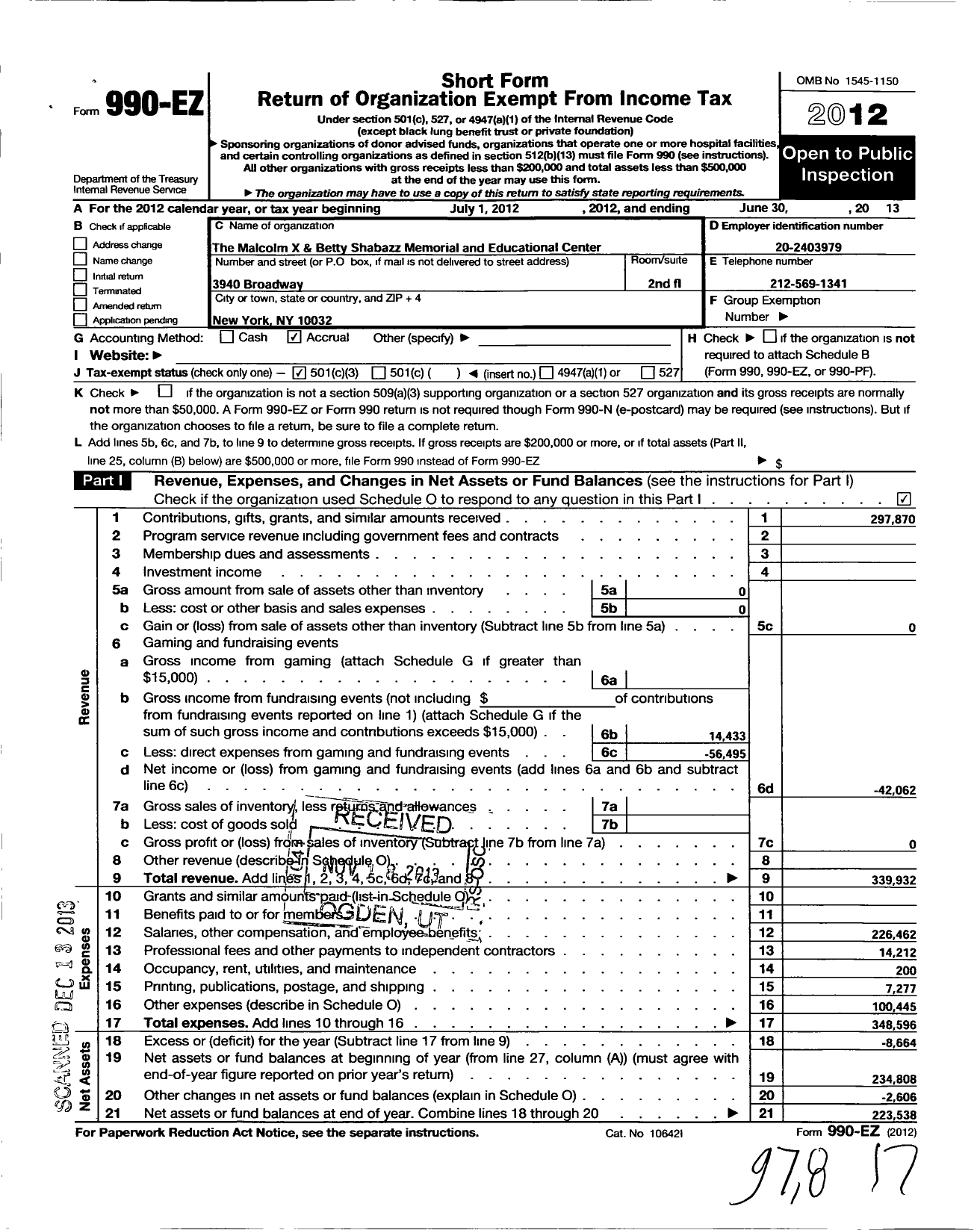 Image of first page of 2012 Form 990EZ for Malcolmx X & Dr Betty Shabazz Memorial and Educational Center