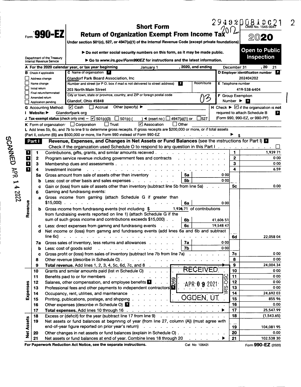 Image of first page of 2020 Form 990EZ for Glandorf Park Board Association