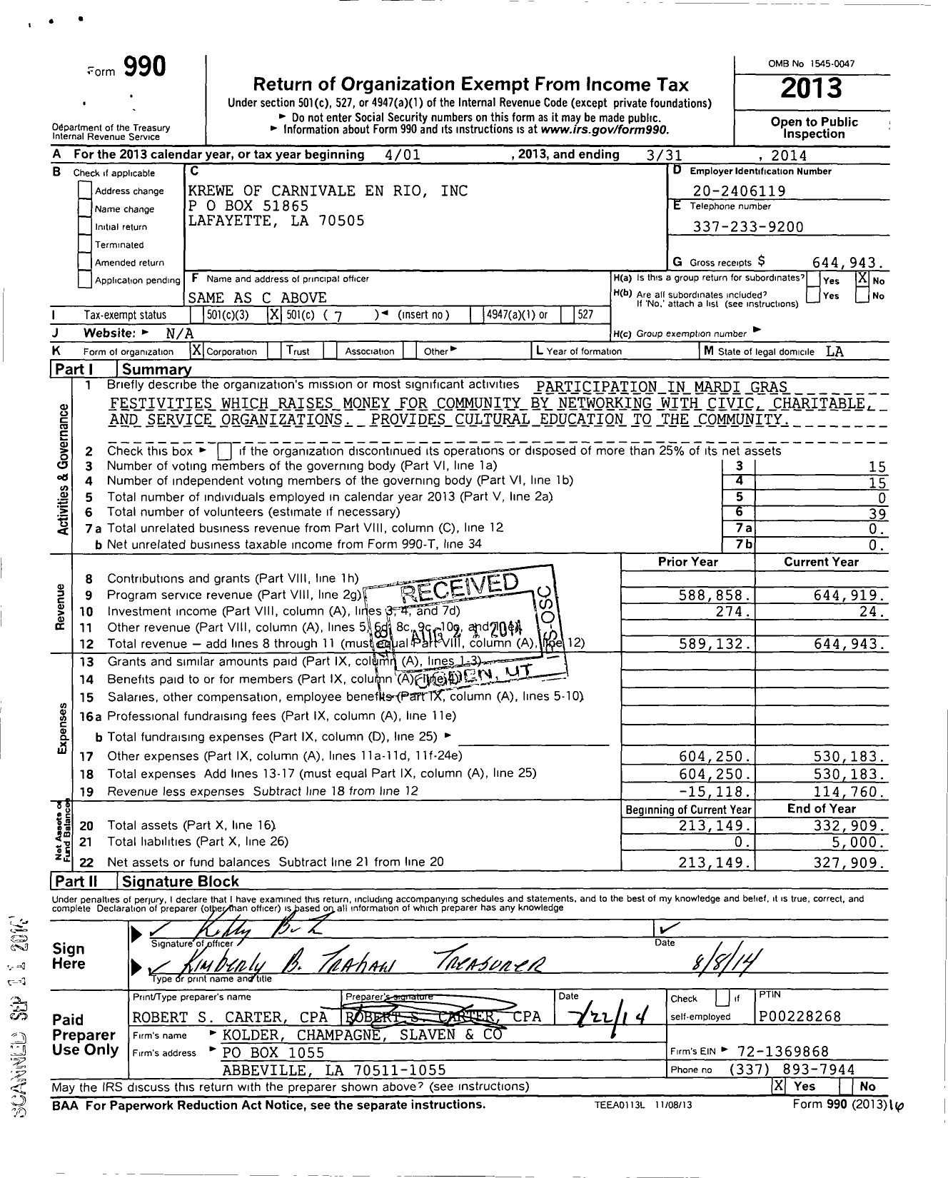 Image of first page of 2013 Form 990O for Krewe of Carnivale En Rio