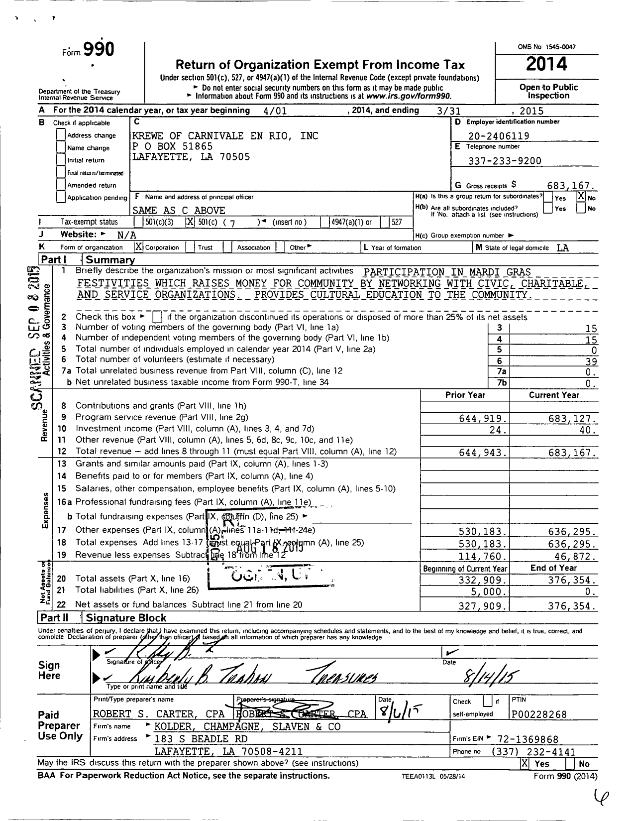 Image of first page of 2014 Form 990O for Krewe of Carnivale En Rio